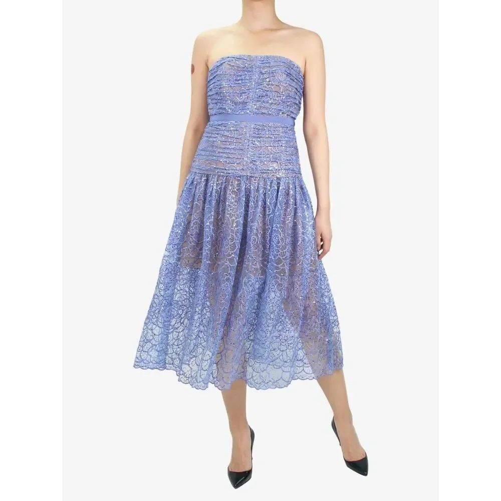 Self-Portrait Blue Strapless Lace Midi Dress US 4 Polyester Blend Cocktail